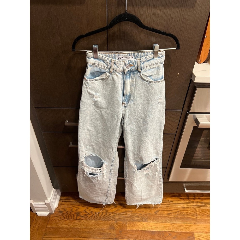 Zara distressed wide-leg jeans knee rips raw hem women's 2